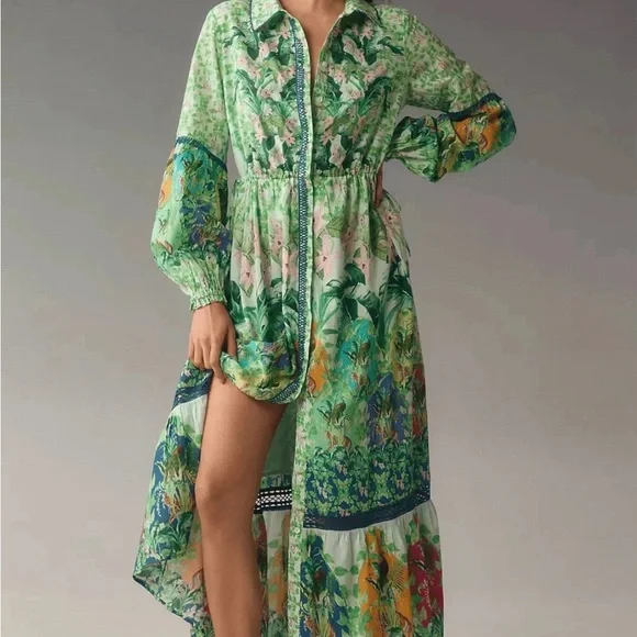 Anthropologie Long-Sleeve Printed Maxi Shirt Dress Jungle Print - Picture 3 of 14